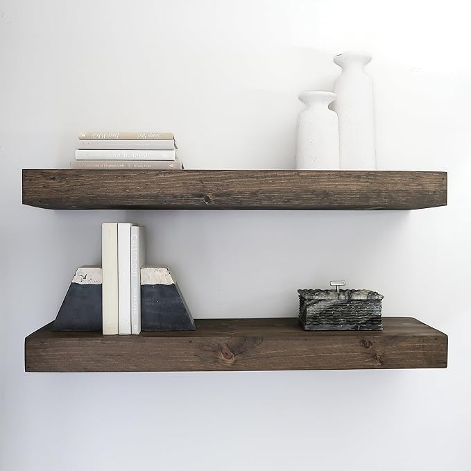 Urbandi Modern Floating Shelves 3 Inches Thick for Wall, Wide Shelves for Kitchen, Living Room, Bedroom, and Bathroom, Natural Pine Wood, Rustic Wooden Shelf, (Set of 2) (Jacobean, 36Lx3Hx8D)