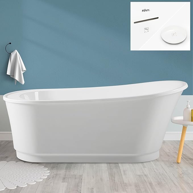 FerdY Langkawi 67" Acrylic Freestanding Bathtub, White Modern Stand Alone Soaking Bathtub, cUPC Certified, Polished White Drain and Minimalist Linear Design Overflow Included, Easy to Install, 02568T