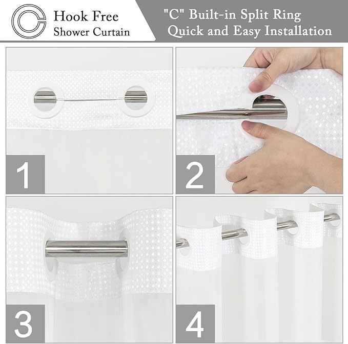 Gibelle No Hook Waffle Weave Shower Curtain with Snap-in Fabric Liner Set for Bathroom, Hotel Style with Mesh Top Window, Waterproof & Washable, Ombre Black, 72x74