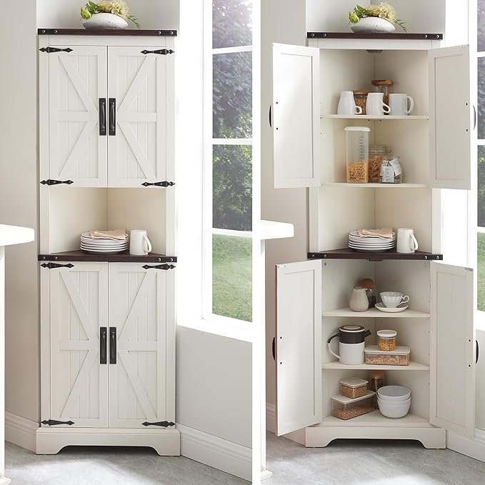 Tall Farmhouse Corner Cabinet with 4 Doors and Adjustable Shelves, Farmhouse Storage Cabinet with Barn Door Design, Home Space Saver for Living Room, Kitchen, Laundry Room (Antique White)