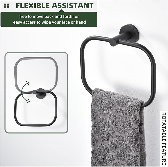Angle Simple Matte Black Towel Ring Swivel, SUS 304 Stainless Steel Bathroom Hand Towel Holder for Wall Mount