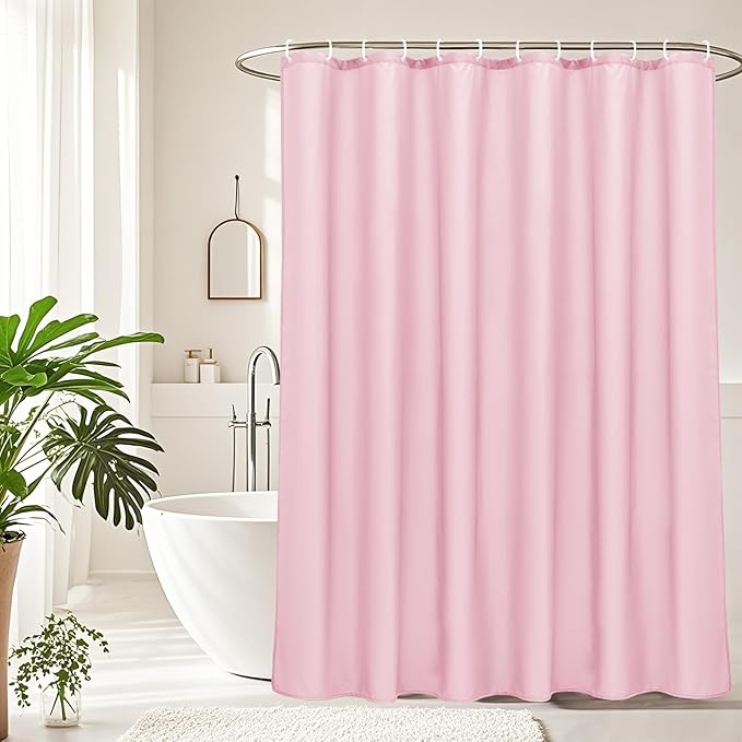 AooHome Extra Long Shower Liner, Polyester Solid Color Shower Curtain with Hooks, Weighted Hem, Water Repellent, 72x84 inch, Pink