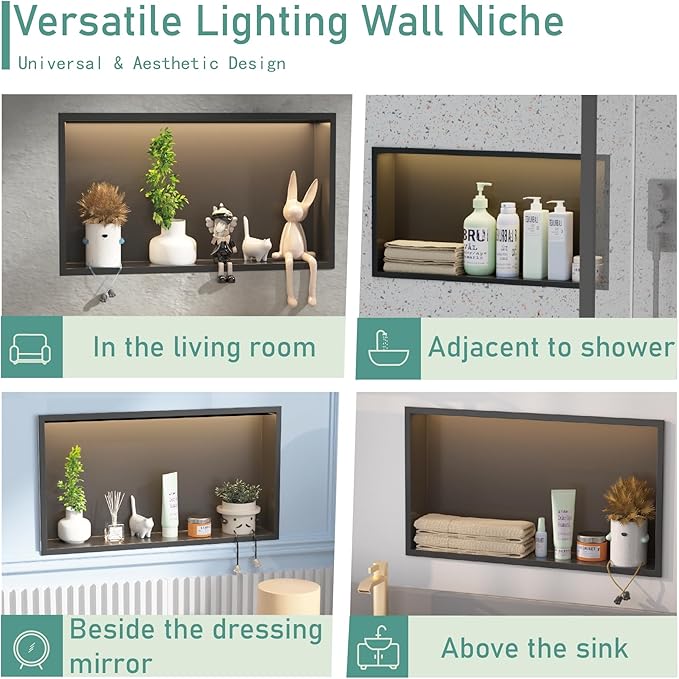 Shower Niche No Tile Needed with Waterproof LED Light Strip for Bathroom Storage， Bathroom for Shower Wall Lighted Niches，Stainless Steel Waterproof Shelf，Matte Black （ 24 x 12 in）