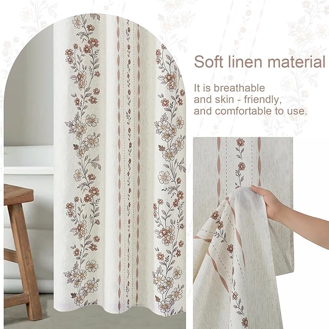 ORTIGIA Farmhouse Floral Shower Curtains for Bathroom Linen Boho Vintage Shower Curtain Set with Metal Hooks Waterproof Block Print Rustic Fabric Bath Curtain for Home, Weighted, 72x72