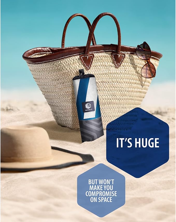 VENTURE 4TH Microfiber Beach Towel: Quick-Dry, Compact, Sand-Free, Absorbent, Sandproof and Lightweight - Perfect for Camping, Beach, and Roadtrips (Dark Blue Stripes Design | 35x78 inches)