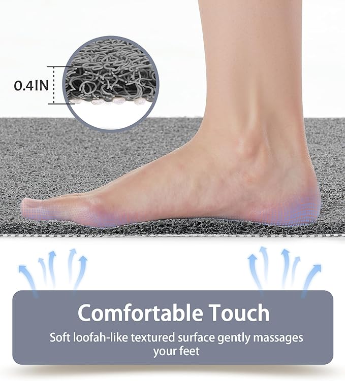 Mecko Non-Slip Shower Mat, Anti-Slip Bath Mat with Foot Scrubber – Quick-Drying Loofah Texture for Indoor and Outdoor Use, Bathtubs and Wet Areas (Grey, 17"x30")