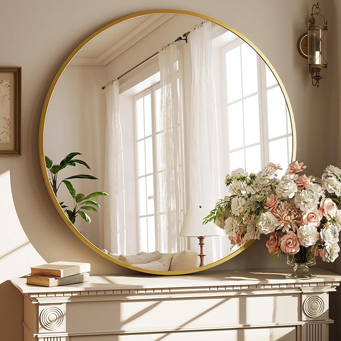 42 Inch Round Gold Metal Wall Mirror - Stylish Circle Mirror for Entryway, Bathroom, and Living Room Decor | Matte Gold Circle Wall Mirror