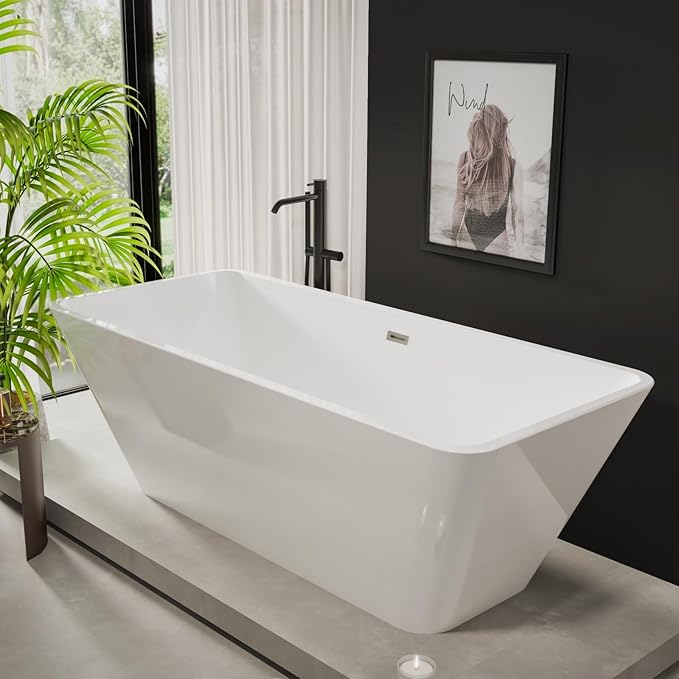 66" Freestanding Bathtub, Acrylic Soaking Tub, Chrome Overflow & Drain, Easy Installation for Modern Bathroom, White