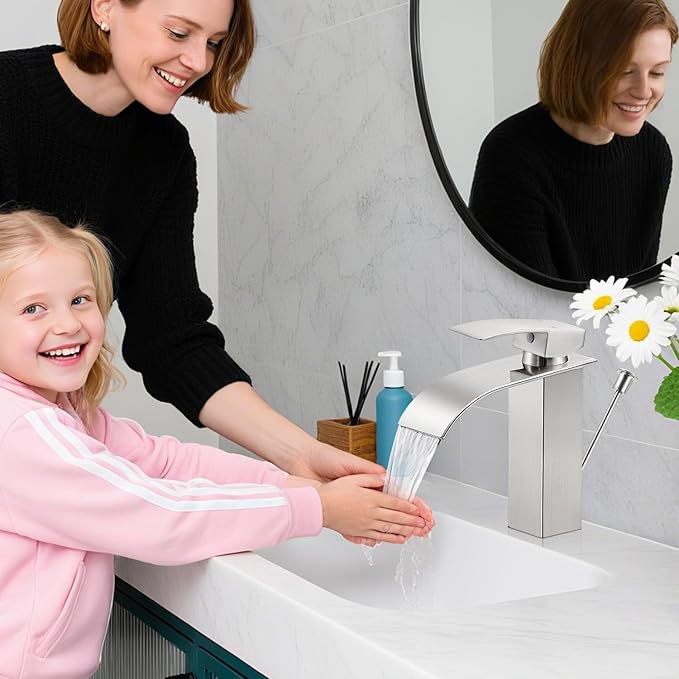 Bathroom Faucets with Lift Rod Drain Brushed Nickel Waterfall Bathroom Sink Faucet Modern Single Handle Bathroom Faucet for 1 or 3 Hole Mxier Tap Washbasin Faucet with Deck