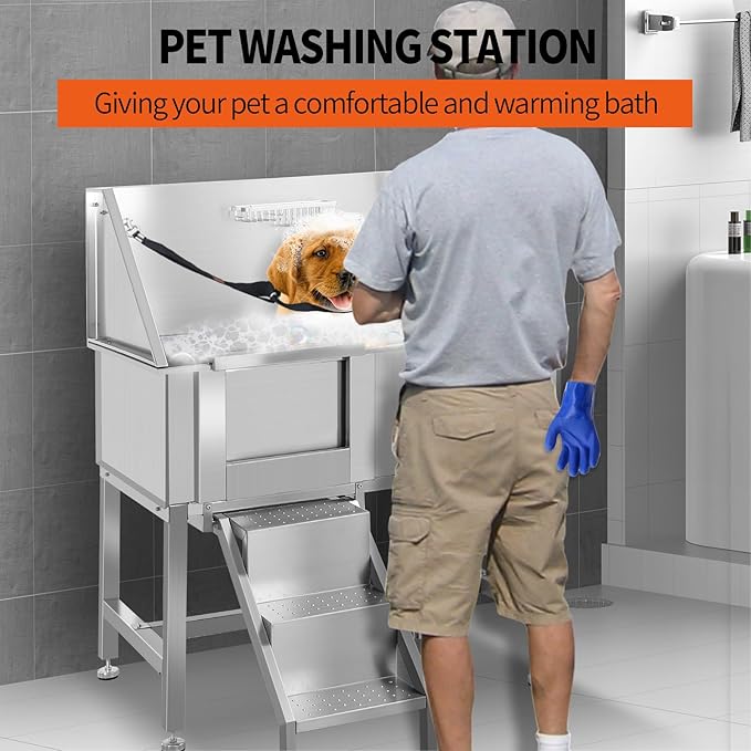 38" Stainless Steel Dog Cat Pet Grooming Bath Tub (w/Faucet, Sprayer, Shampoo Rack),Left Door