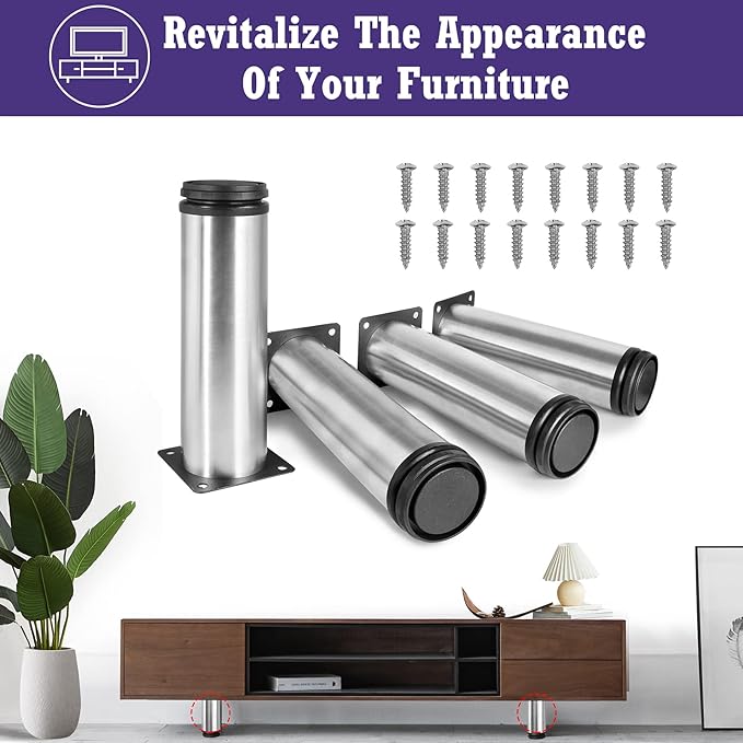 8 Inch Metal Furniture Legs Stainless Steel Adjustable Legs Silver Metal Legs Round Cabinet Legs for Coffee Table Cabinet Desk Sofa Shelves, Pack of 4