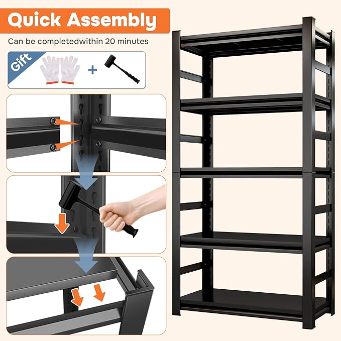 Adjustable Storage Shelves for Garage, Heavy Duty Metal Shelving Unit, 5-Tier Steel Shelves, Garage Storage Rack, Industrial Shelf Organizer