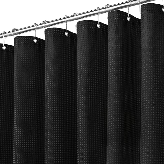 Inhousolu Fabric Shower Curtain Waffle Weave, 230 GSM Heavy Duty, Weighted Hem, 14 Metal Hooks, Water Repellent, Machine Washable, Hotel Spa Luxury Bath Curtain Set, 72 x 96 Inch, Black