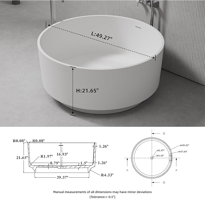 49'' Round Soaking Bathtub Resin Stone Freestanding Bathtub Soaking Deep Tub Solid Surface Bathtub with Overflow and Pop-up drain in White