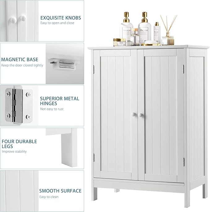 Tangkula Bathroom Floor Cabinet, Freestanding Storage Cabinet with Double Doors and Shelf, Modern Home Furniture, Wooden Home Organizer for Living Room, Bathroom Cabinet, White