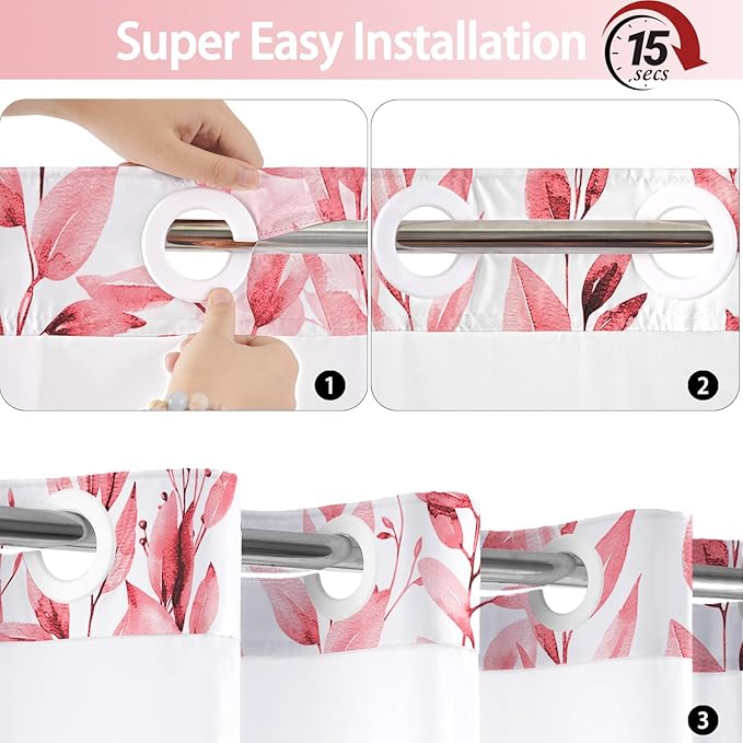 No Hook Shower Curtain and Liner Set, Pink Eucalyptus Floral Shower Curtains for Bathroom, Bath Curtain Sets with Snap in Liner, Waterproof with See Through Top Window, 71x74 Inches