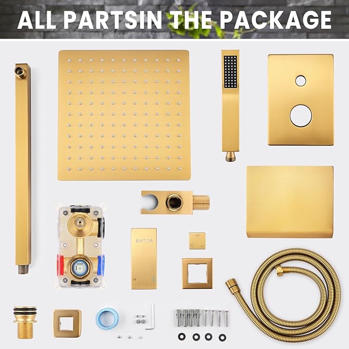 Wall Mounted Shower Faucet Set, Shower System with Tub Spout, 12 Inch Rainfall Shower Head with Handheld Spray, Waterfall Tub Spout Bathtub Faucet, Brushed Gold