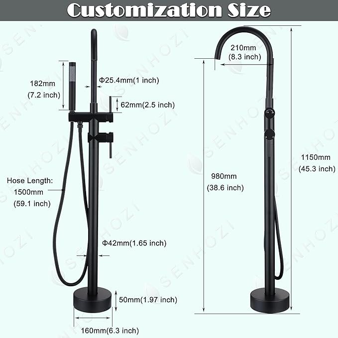 Freestanding Tub Faucet - Matte Black Floor Mounted, 360 Degree Swivel Gooseneck Filler with Hand Shower Mixer Tap. SE-3001-BK