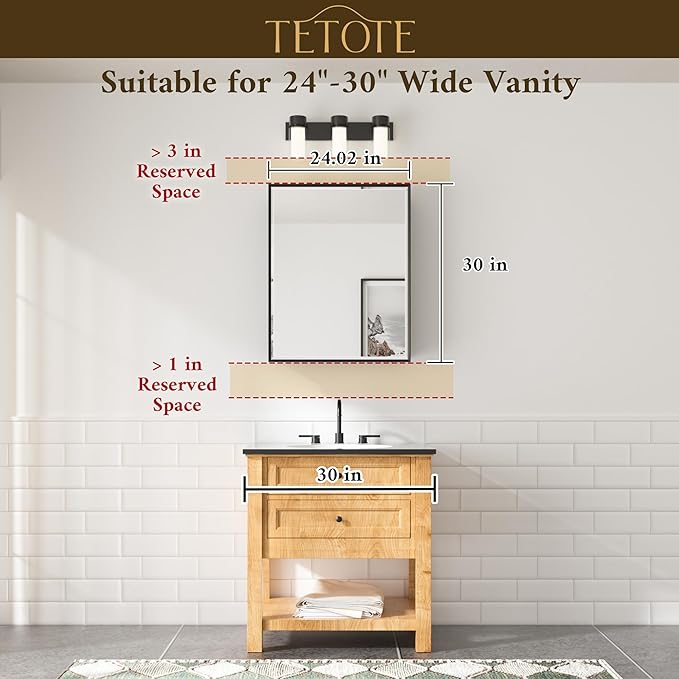 TETOTE Brushed Nickel Medicine Cabinet 24" x 30" Bathroom Mirror with Storage HD Glass Beveled Aluminum Frame Stepless Adjustable Shelves, Recessed or Wall Mount