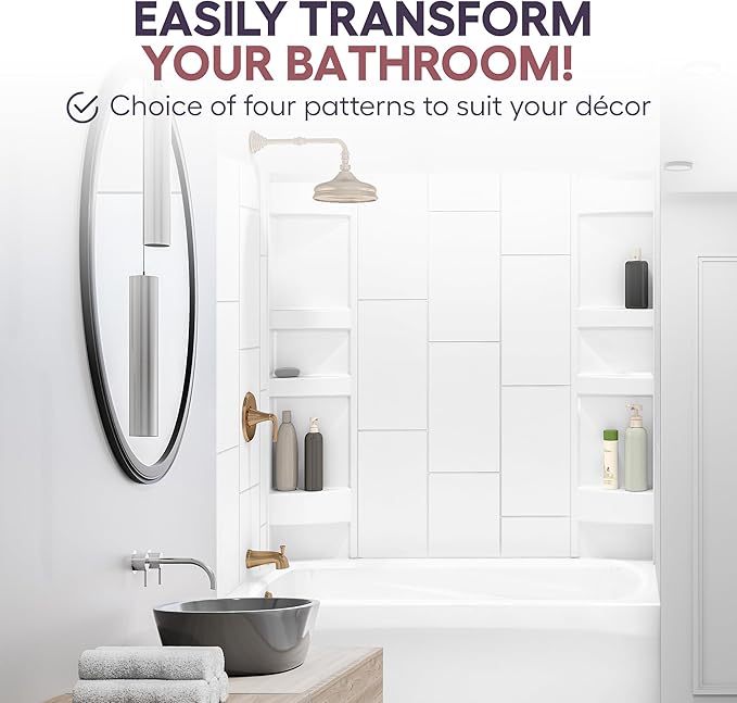 White Acrylic Tub Wall Surround 32"x 60"x 58" - Waterproof, Easy-to-Install, Two Shelf Units Kit Included - Bathtub Wall Surround Panels - Vertical Pattern, Dynamic Shelves