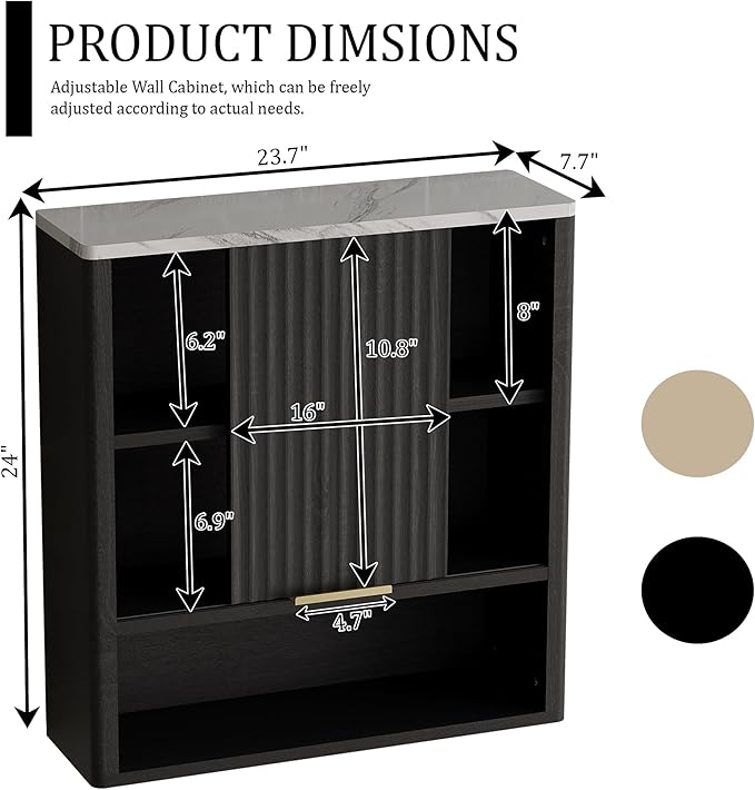24” Bathroom Wall Cabinet, Modern Wood Medicine Cabinet with Adjustable Shelves, Above Toilet Storage Organizer for Kitchen, Living Room,Laundry Room,Black