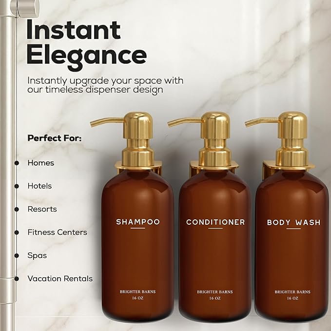 Luxury Shampoo and Conditioner Dispenser Set Wall Mounted by Brighter Barns - Plastic Shower Dispenser Set - 3 Chamber Drill Free Shampoo Bottle - Modern Bathroom Decor for Guest Bathroom (Amber Gold)