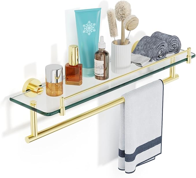Towel Rack with Tempered Glass Shelf for Bathroom 20 Inch, Brushed Gold Floating Wall Mount Storage