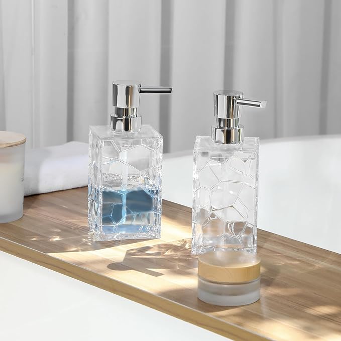Hand Soap Dispenser, Clear Acrylic Plastic Liquid Pump Bottles Refillable Lotion Dispenser for Bathroom Decor Kitchen College Dorm, 2 Pack