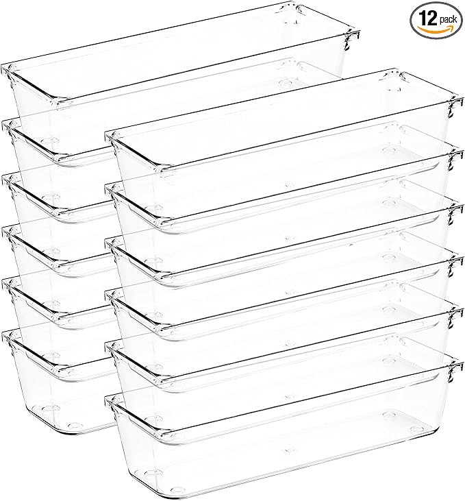 12 Pack Drawer Organizer - 3" X 9" Clear Acrylic Storage Bins with Non-Slip Pads, Versatile Desk Tray for Makeup, Jewelry, Kitchen, Bathroom, and Office Organization