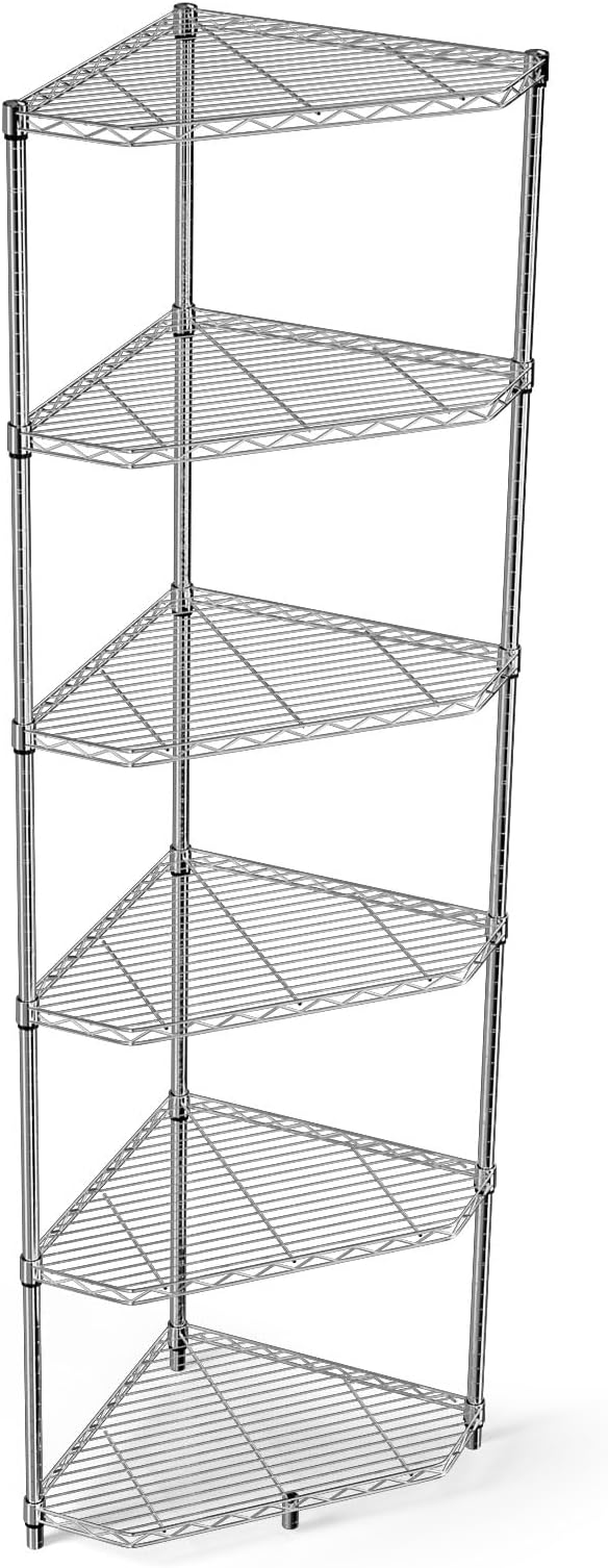 Silver 6 Tier NSF Metal Pentagonal Corner Wire Shelving Units, 600lbs Storage Rack with Feet for Kitchen, Utility Room, Warehouse, 72" H x 20" L x 20" W