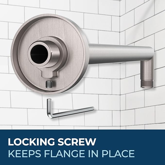 HammerHead Showers® Solid Metal 16 Inch Extended Shower Arm and Flange with Set Screw, Long Shower Arm, Extends Rain Shower Overhead, Wall-Mounted Rain Shower Arm, Brushed Nickel