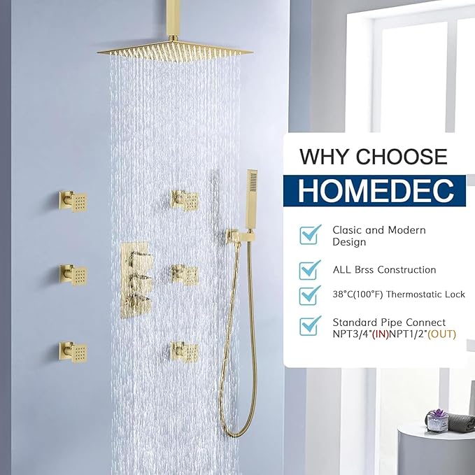 HOMEDEC 3 Way Shower Diverter Valve, Water Diverter with Temperature Control, Shower Mixing Valve with 3 Square Knobs, Brushed Gold