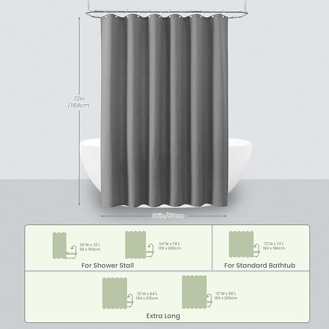 Inhousolu Fabric Shower Curtain Waffle Weave, 230 GSM Heavy Duty, Weighted Hem, 8 Metal Hooks, Water Repellent, Machine Washable, Hotel Spa Luxury Bath Curtain Set, 36 x 72 Inch, Grey