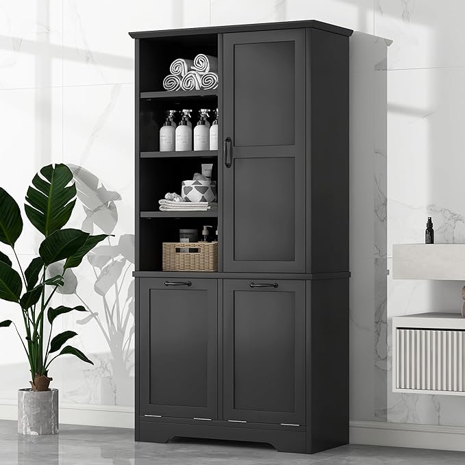Favfurish 68" Tall Bathroom Storage Cabinet with Door and 2 Tilt-Out Laundry Hampers,Modern Linen Cabinets w/Open Shelf & Adjustable Shelves,Freestanding Organizer for Laundry Room,Kitchen,Black