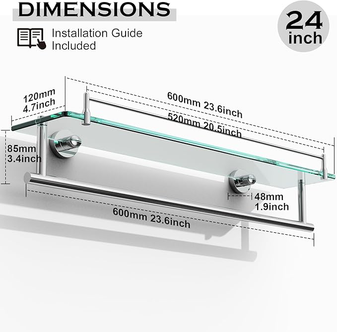 24-Inch Towel Rack with Shelves Tempered Glass Bathroom Shelves with Bar - Chrome Polished Modern Stainless Steel, Wall Mount Rustproof Tower Rail