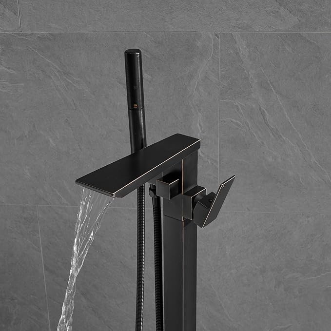 RUMOSE Oil Rubbed Bronze Bathtub Filler Freestanding Tub Filler Floor Mount Tub Faucet Waterfall Bathtub Faucet with CUPC Certified High Flow Brass Bath Shower Faucets with Handheld Sprayer