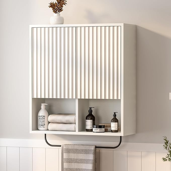Bathroom Wall Cabinet, Fluted Wooden Medicine Cabinet Storage with 2 Doors, Adjustable Shelf and Towels Bar, Modern Wall Mount Large Floating Cabinet for Kitchen Laundry Room White