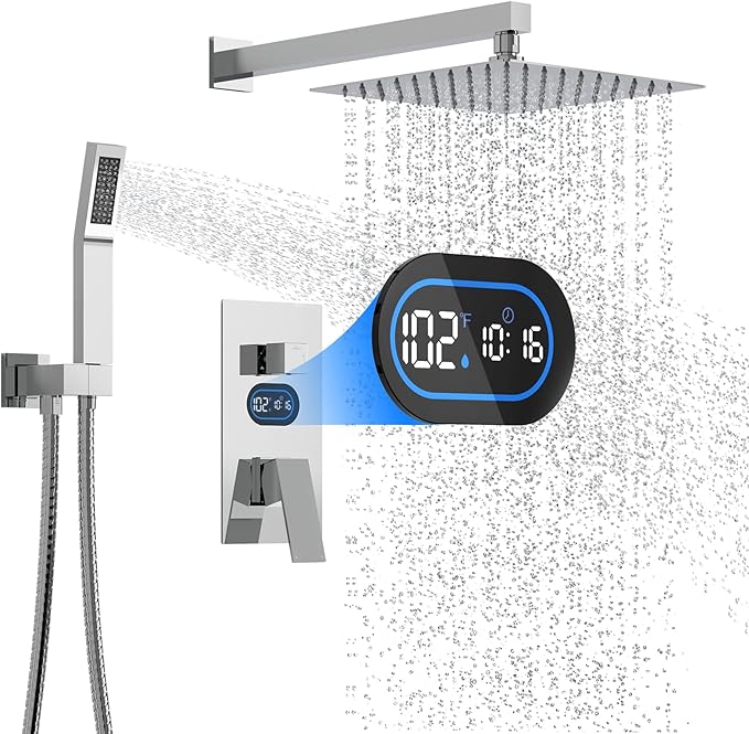 Shower Faucet Set with Hydro Power Temperature Display, Shower System Bathroom 12 Inches Shower Head with Handheld Spray, Wall Mounted Shower Fixtures with Shower Valve and Trim Kit, Polished Chrome