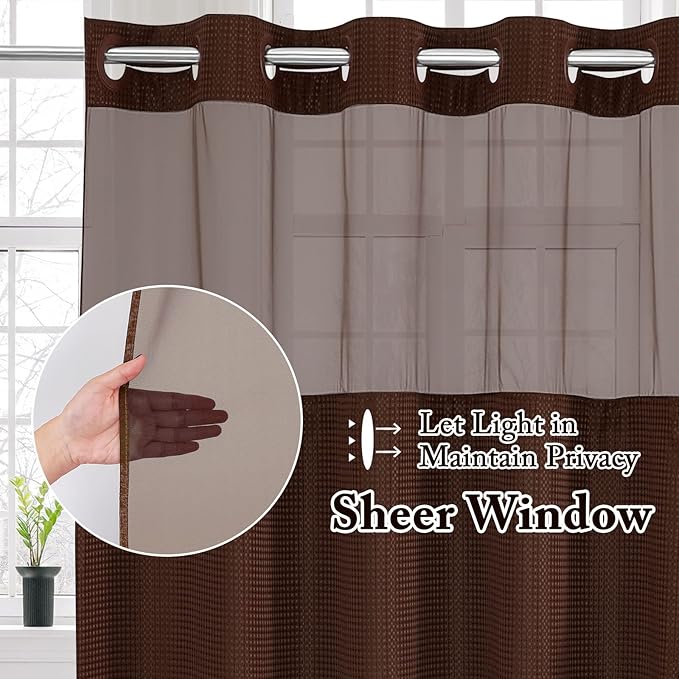Gibelle Long Shower Curtain 72x80, Waffle Weave Bathroom Shower Curtain with Snap-in Fabric Liner Set, No Hooks Needed, Hotel Style with Mesh Top Window, Brown