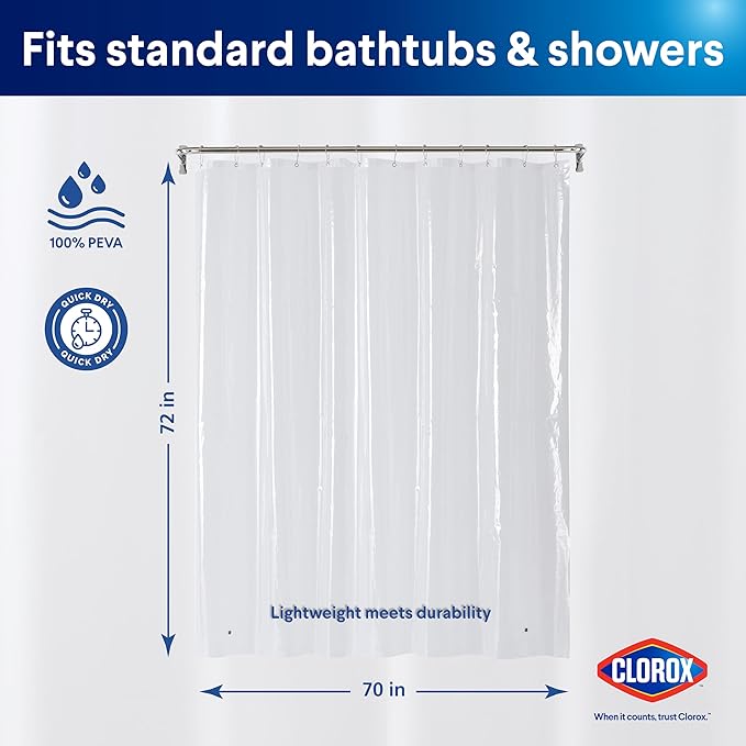 Clorox Shower Curtain Liner, Premium Lightweight Flexible Waterproof 3g PEVA for Bathroom with Weighted Magnets, Standard Size 70" x 72", Clear 1 Pack