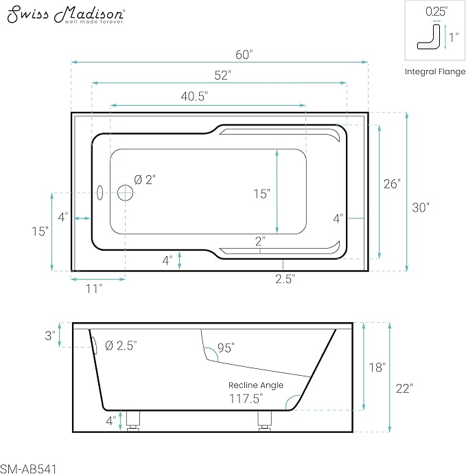 Swiss Madison Well Made Forever SM-AB541 Voltaire Alcove Tub with Armrest 60" x 30" in Glossy White