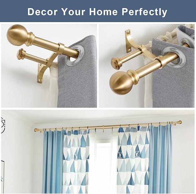 Double Curtain Rod, Adjustable 1 inch Double Drapery Rod Rods for Windows 84 to 120 inch,Ball Round Finials with Brackets Set (84-120",Gold)