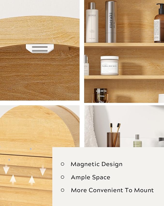 Large Arched Wall Cabinet with Acrylic Door, Large Wooden Wall Mounted Bathroom Cabinet, Modern Hanging Medicine Cabinet with Adjustable Shelf and Open Shelf, Natural Oak