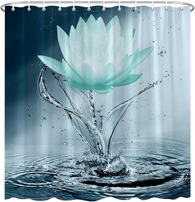 Lotus Shower Curtain Black White Teal Flower Elegant Blooming Floral with Dew Spring Flower Reflection on Water Modern Romantic Polyester Fabric Bathroom Decor 86×70 Inch with Hook