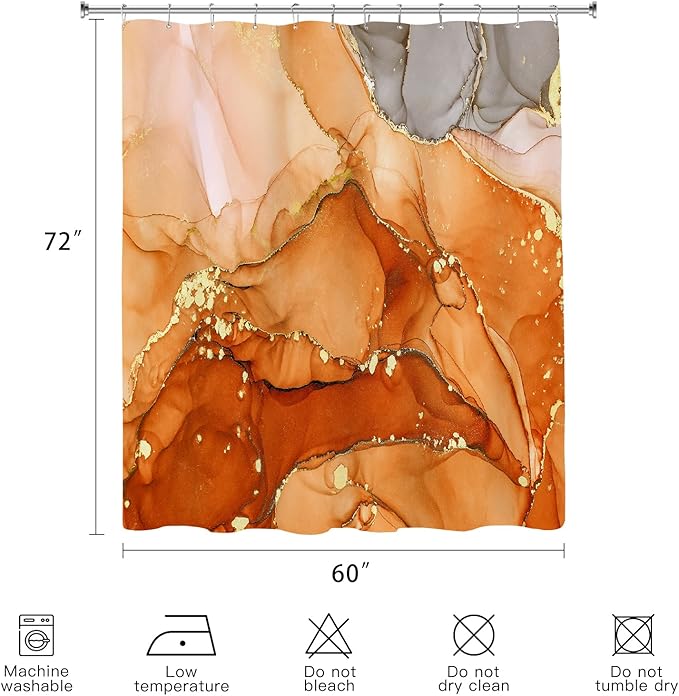 Orange Marble Shower Curtain 60x72, Burnt Orange Modern Abstract Fabric Shower Curtains for Bathroom, Luxury Art Ink Texture Watercolor Cloth Shower Curtain Set with Hooks