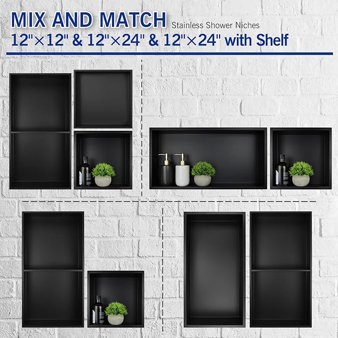 Stainless Steel Shower Niche 12" X 12" Matte Black No Tile Needed Niche Shower Recessed Wall Niches for Bathroom Storage Over Mount Installation