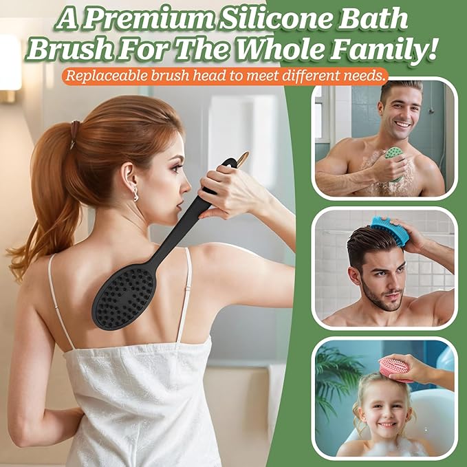 Silicone Back Washer for Shower, Gentle Exfoliating Body & Back Scrubber with Handle, Silicone Loofah with Two Dual-Side & Replaceable Brush Heads(Green-Two Heads)