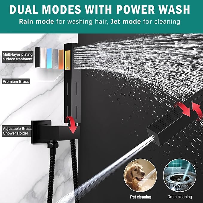 ENGA Shower Faucet Set, Dual Head Shower System 10" & 6" Square Rain Shower Heads with 2 in 1 Handheld Spray, 3 Way Water Diverter, Matte Black