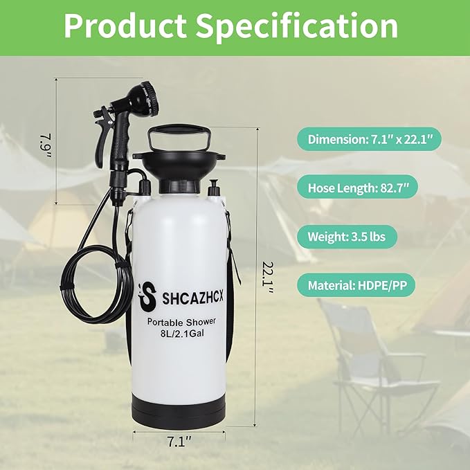 2.1 Gallon/8L Portable Outdoor Shower, 10 Spray Modes, No Power Needed, Insulated Sleeve Keeps Water Warm, Multi-Use Sprayer for Camping, Beach & Surfing, Fishing, Hiking, Road Trips, White