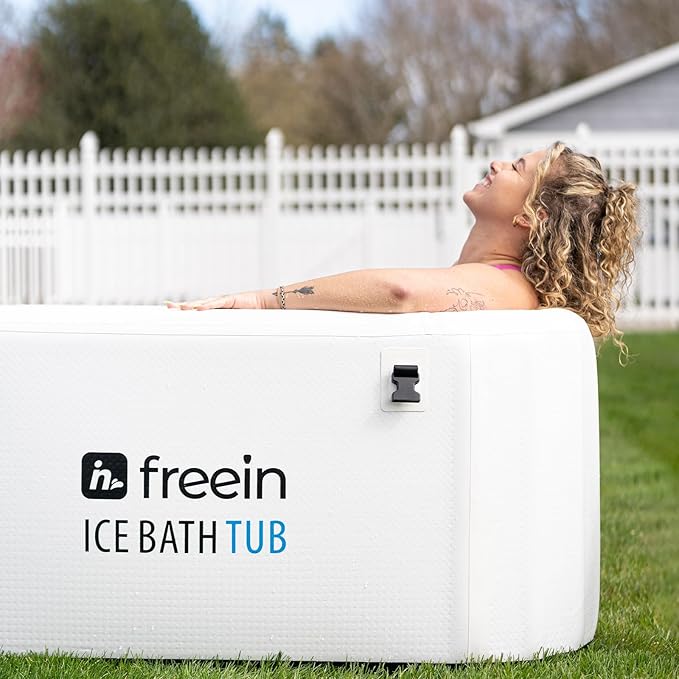 Freein Ice Bath Tub [XXL UPGRADED] - Cold Plunge Tub, Water Chiller Compatible, Inflatable, Portable, Foldable, Recovery Tub for Athletes, 54"x30"x24" - Outdoor, White/Wood